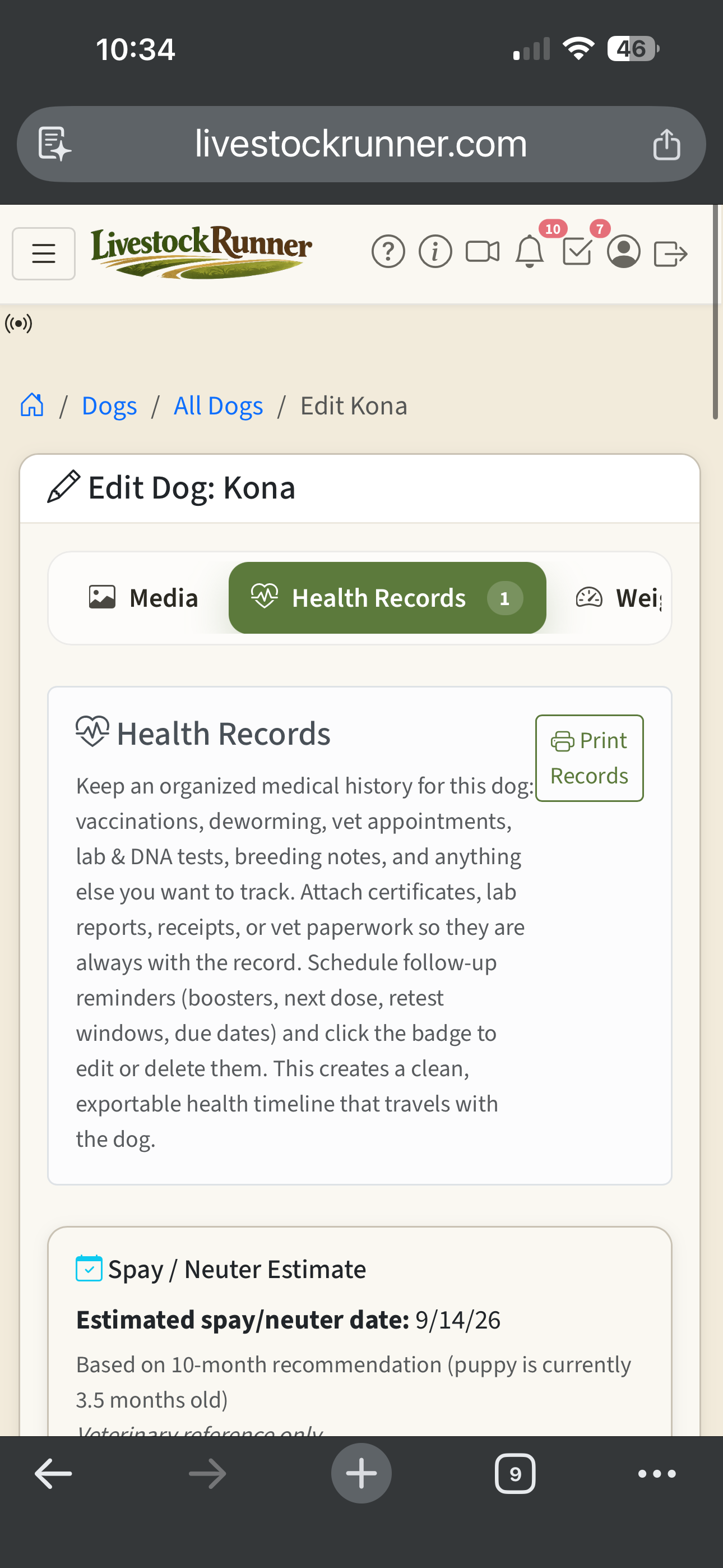 Dog health records with vaccinations, deworming, and spay estimate