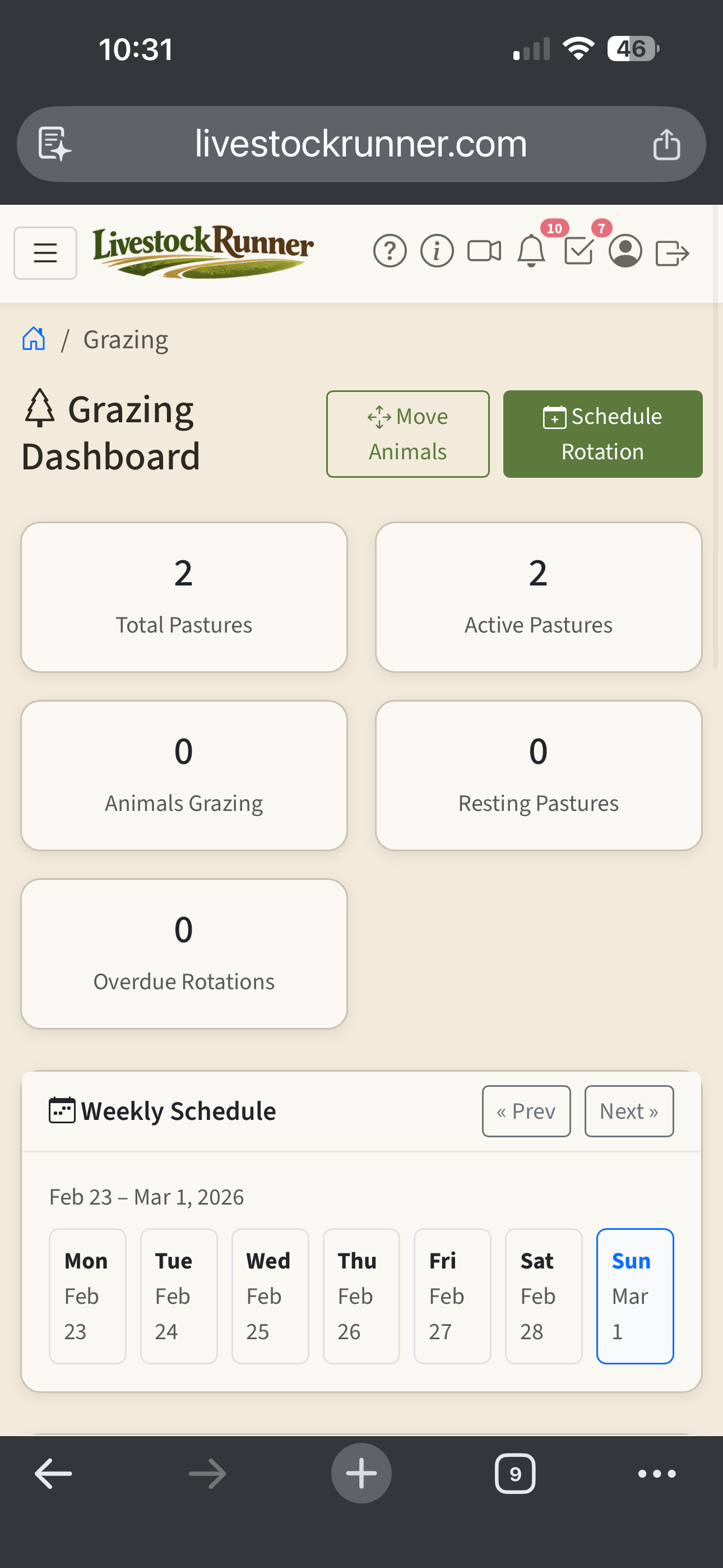 Grazing management dashboard showing pasture overview