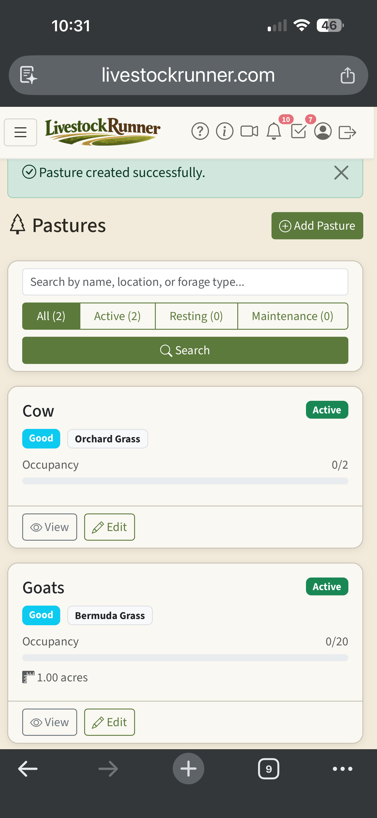 Pastures list with status, forage type, and occupancy